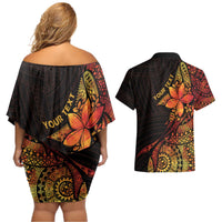 Niue Fakaalofa Atu Personalised Couples Matching Off Shoulder Short Dress and Hawaiian Shirt Whale Hiapo Fiery Motif LT7 - Polynesian Pride
