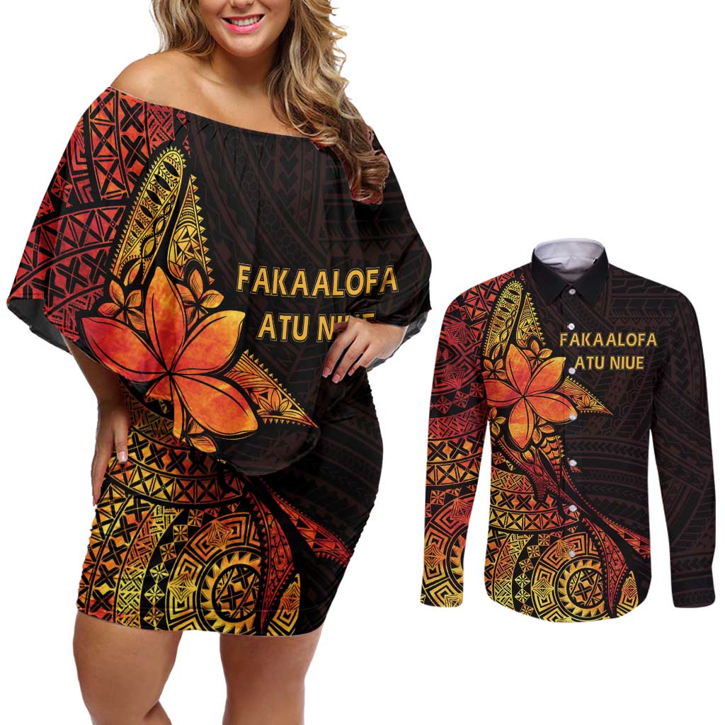 Niue Fakaalofa Atu Personalised Couples Matching Off Shoulder Short Dress and Long Sleeve Button Shirt Whale Hiapo Fiery Motif LT7 Art - Polynesian Pride