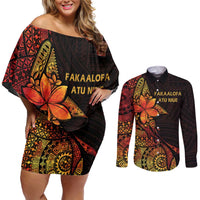 Niue Fakaalofa Atu Personalised Couples Matching Off Shoulder Short Dress and Long Sleeve Button Shirt Whale Hiapo Fiery Motif LT7 Art - Polynesian Pride