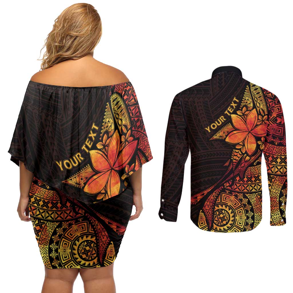 Niue Fakaalofa Atu Personalised Couples Matching Off Shoulder Short Dress and Long Sleeve Button Shirt Whale Hiapo Fiery Motif LT7 - Polynesian Pride