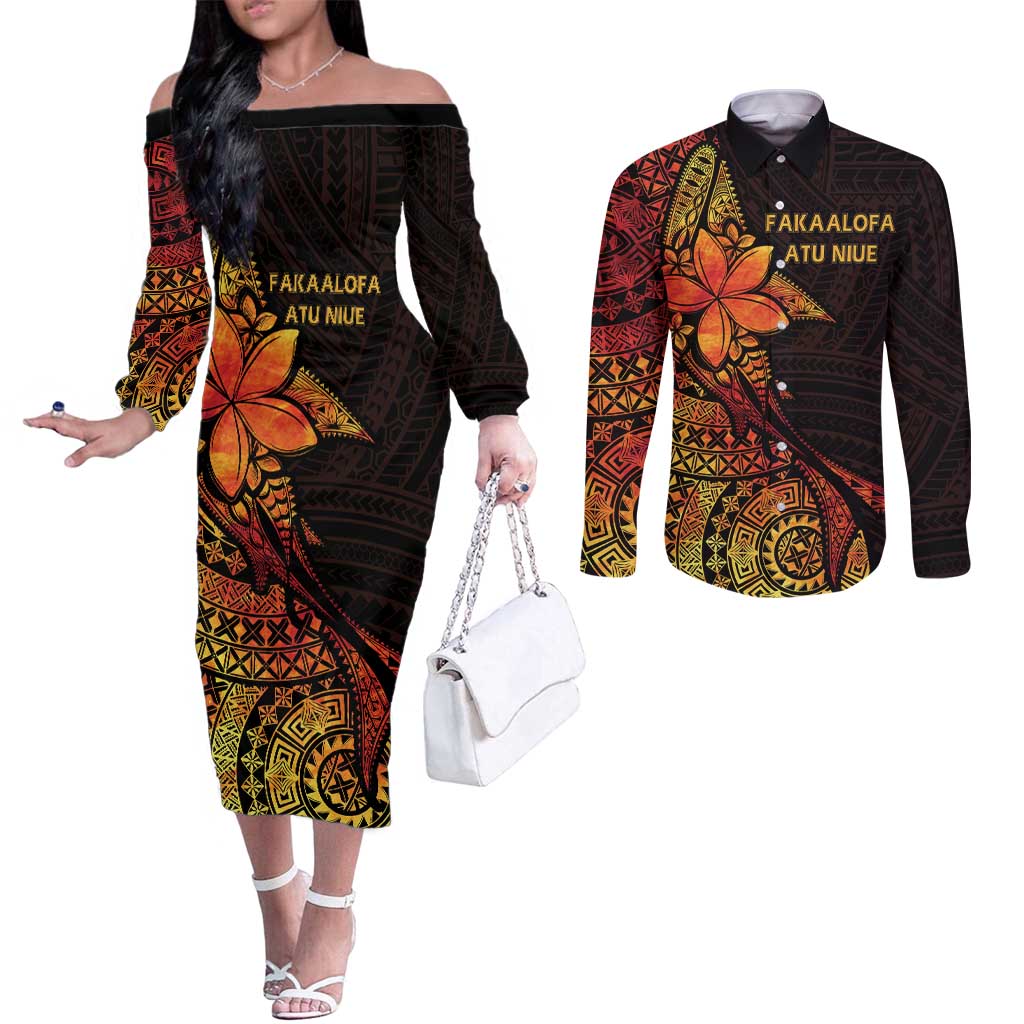 Niue Fakaalofa Atu Personalised Couples Matching Off The Shoulder Long Sleeve Dress and Long Sleeve Button Shirt Whale Hiapo Fiery Motif LT7 Art - Polynesian Pride