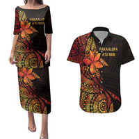 Niue Fakaalofa Atu Personalised Couples Matching Puletasi and Hawaiian Shirt Whale Hiapo Fiery Motif LT7 Art - Polynesian Pride