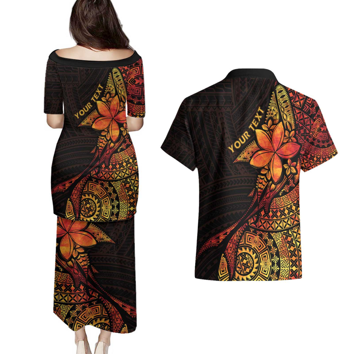 Niue Fakaalofa Atu Personalised Couples Matching Puletasi and Hawaiian Shirt Whale Hiapo Fiery Motif LT7 - Polynesian Pride