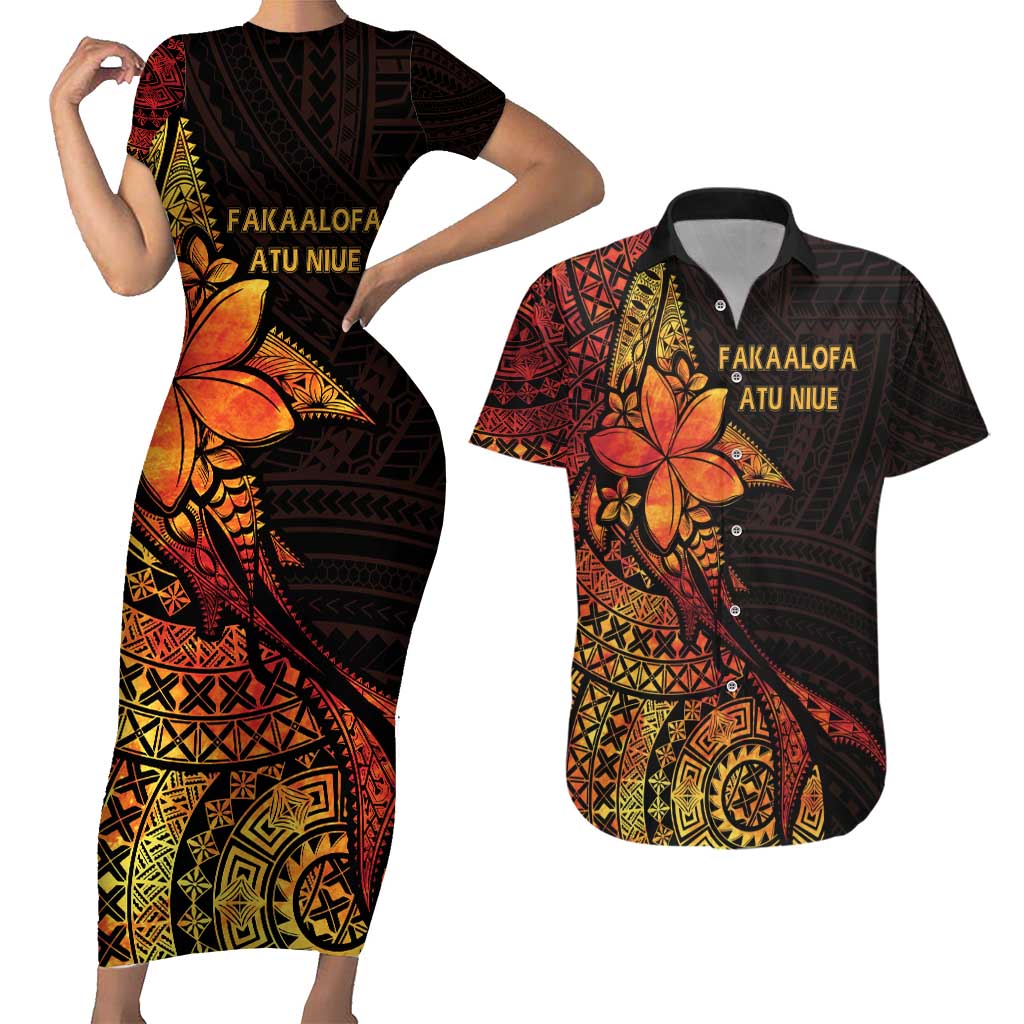 Niue Fakaalofa Atu Personalised Couples Matching Short Sleeve Bodycon Dress and Hawaiian Shirt Whale Hiapo Fiery Motif LT7 Art - Polynesian Pride