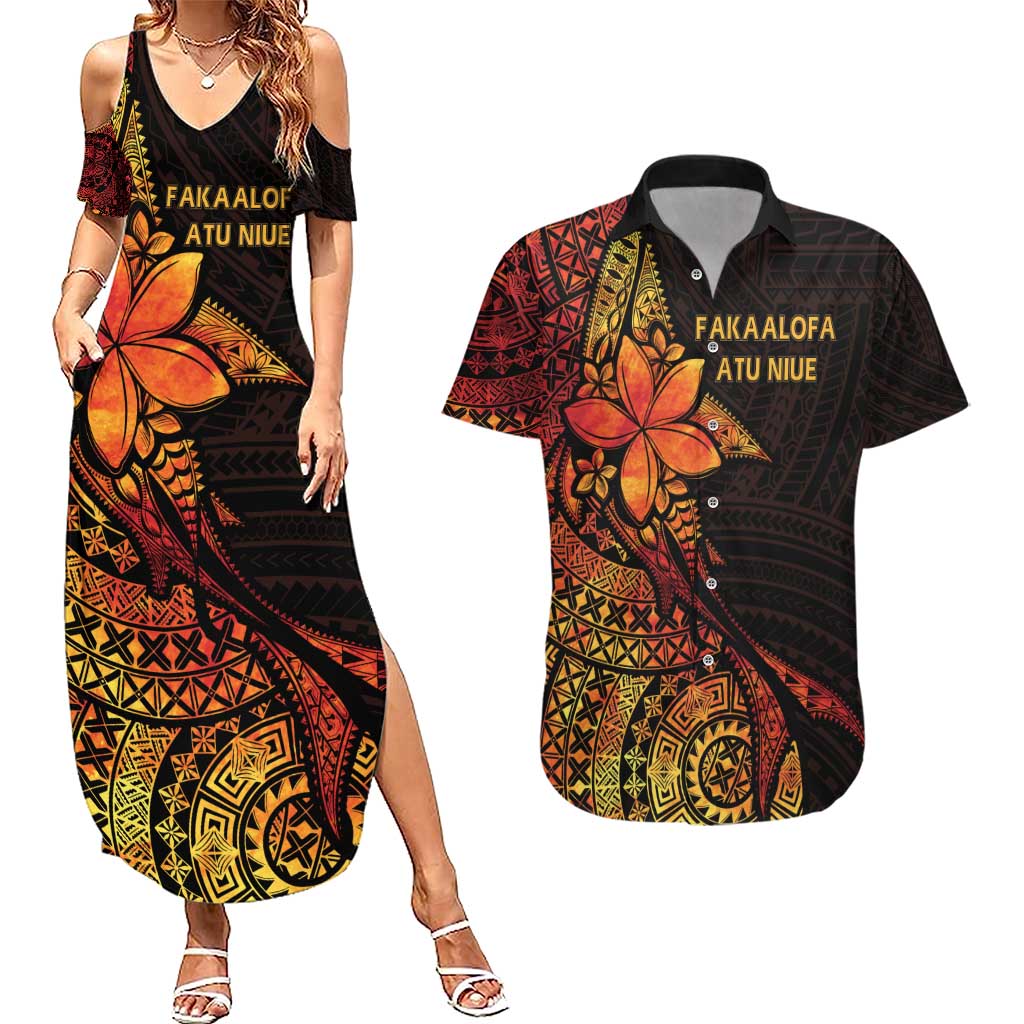 Niue Fakaalofa Atu Personalised Couples Matching Summer Maxi Dress and Hawaiian Shirt Whale Hiapo Fiery Motif LT7 Art - Polynesian Pride