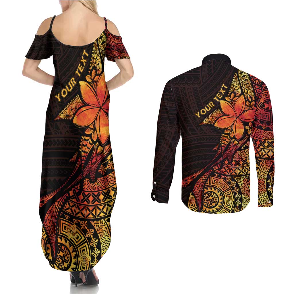 Niue Fakaalofa Atu Personalised Couples Matching Summer Maxi Dress and Long Sleeve Button Shirt Whale Hiapo Fiery Motif LT7 - Polynesian Pride