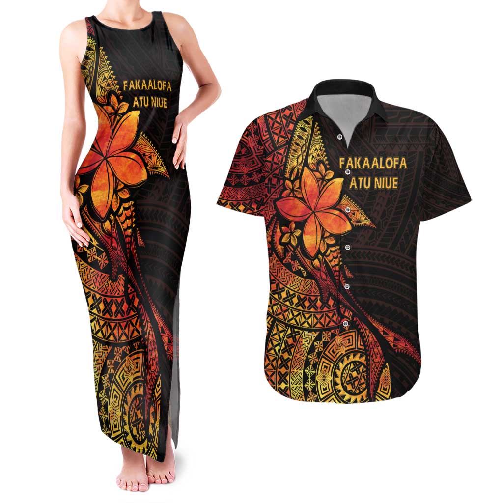 Niue Fakaalofa Atu Personalised Couples Matching Tank Maxi Dress and Hawaiian Shirt Whale Hiapo Fiery Motif LT7 Art - Polynesian Pride
