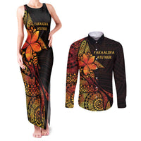 Niue Fakaalofa Atu Personalised Couples Matching Tank Maxi Dress and Long Sleeve Button Shirt Whale Hiapo Fiery Motif LT7 Art - Polynesian Pride