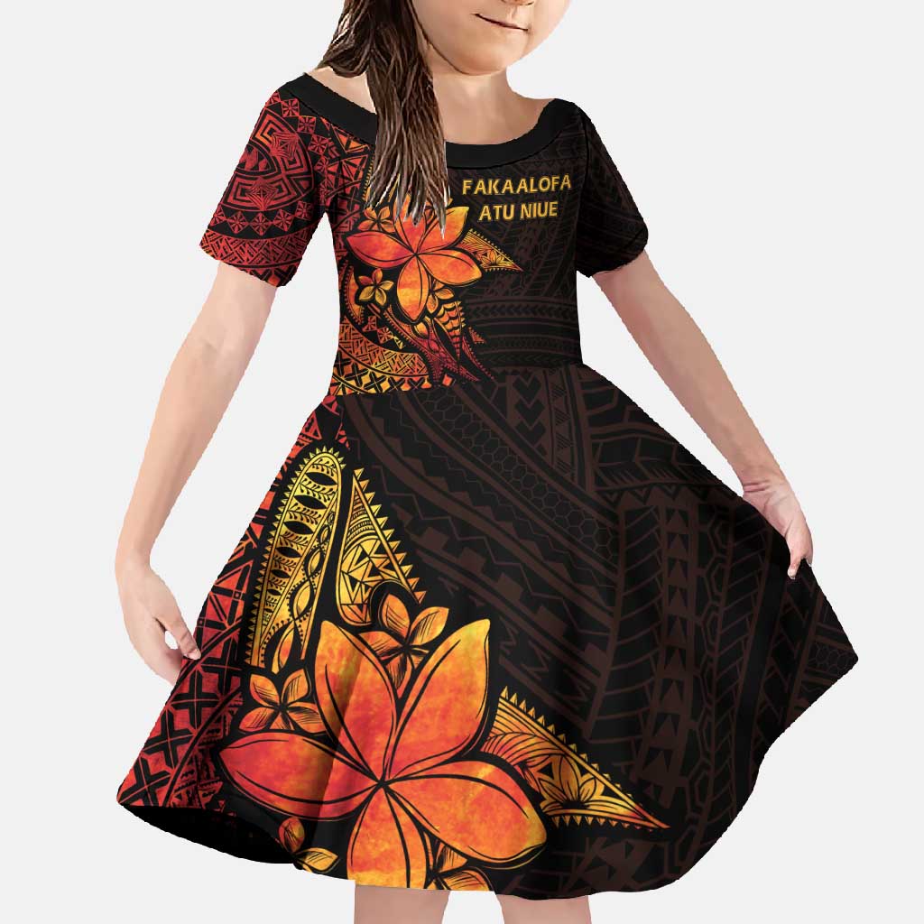 Niue Fakaalofa Atu Personalised Family Matching Long Sleeve Bodycon Dress and Hawaiian Shirt Whale Hiapo Fiery Motif LT7 Daughter's Dress Art - Polynesian Pride