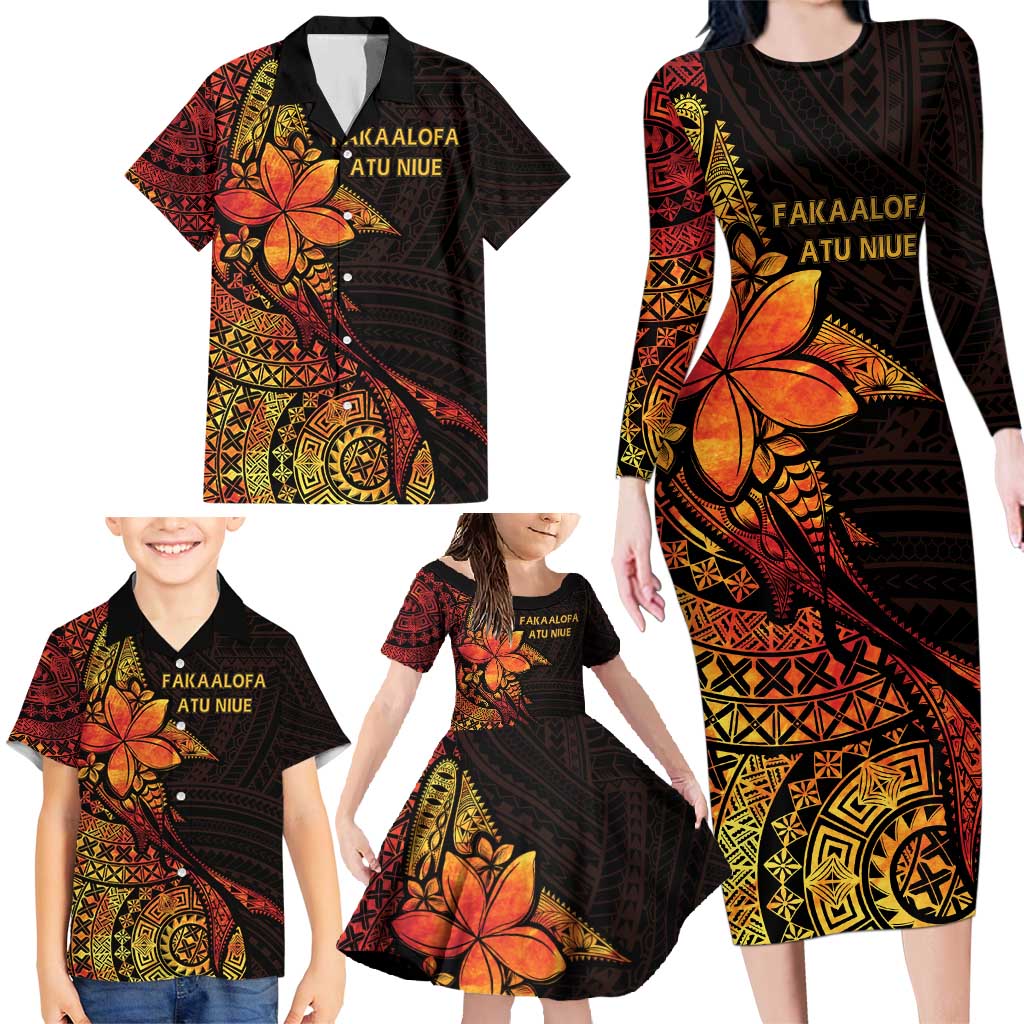 Niue Fakaalofa Atu Personalised Family Matching Long Sleeve Bodycon Dress and Hawaiian Shirt Whale Hiapo Fiery Motif LT7 - Polynesian Pride