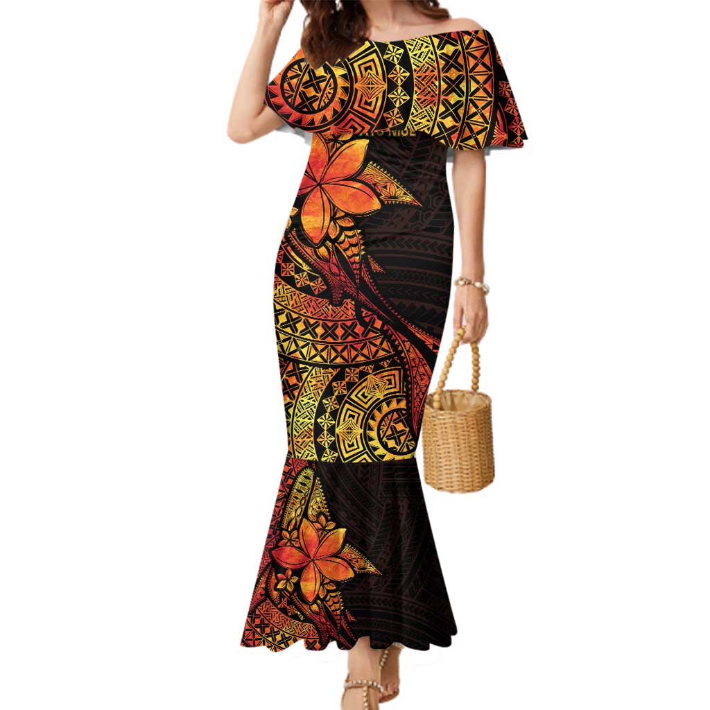 Niue Fakaalofa Atu Personalised Family Matching Mermaid Dress and Hawaiian Shirt Whale Hiapo Fiery Motif LT7 Mom's Dress Art - Polynesian Pride