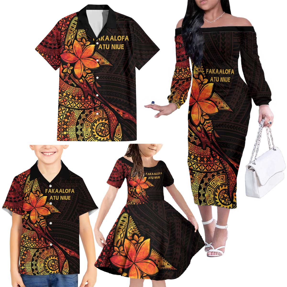Niue Fakaalofa Atu Personalised Family Matching Off The Shoulder Long Sleeve Dress and Hawaiian Shirt Whale Hiapo Fiery Motif LT7 - Polynesian Pride