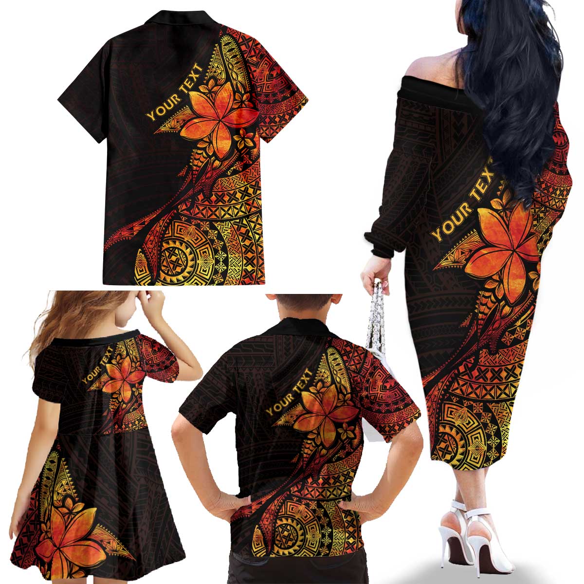 Niue Fakaalofa Atu Personalised Family Matching Off The Shoulder Long Sleeve Dress and Hawaiian Shirt Whale Hiapo Fiery Motif LT7 - Polynesian Pride