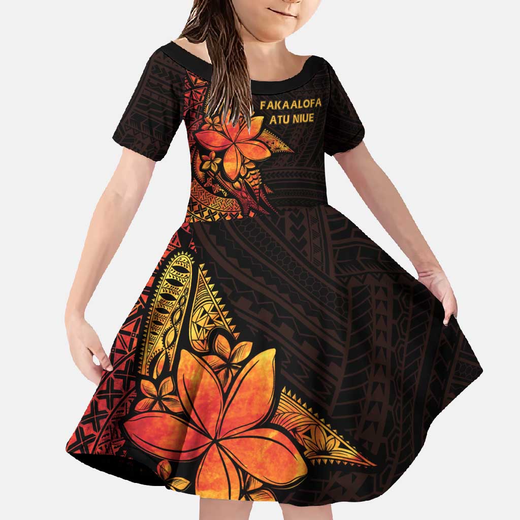 Niue Fakaalofa Atu Personalised Family Matching Off Shoulder Maxi Dress and Hawaiian Shirt Whale Hiapo Fiery Motif LT7 Daughter's Dress Art - Polynesian Pride