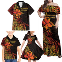 Niue Fakaalofa Atu Personalised Family Matching Off Shoulder Maxi Dress and Hawaiian Shirt Whale Hiapo Fiery Motif LT7 - Polynesian Pride