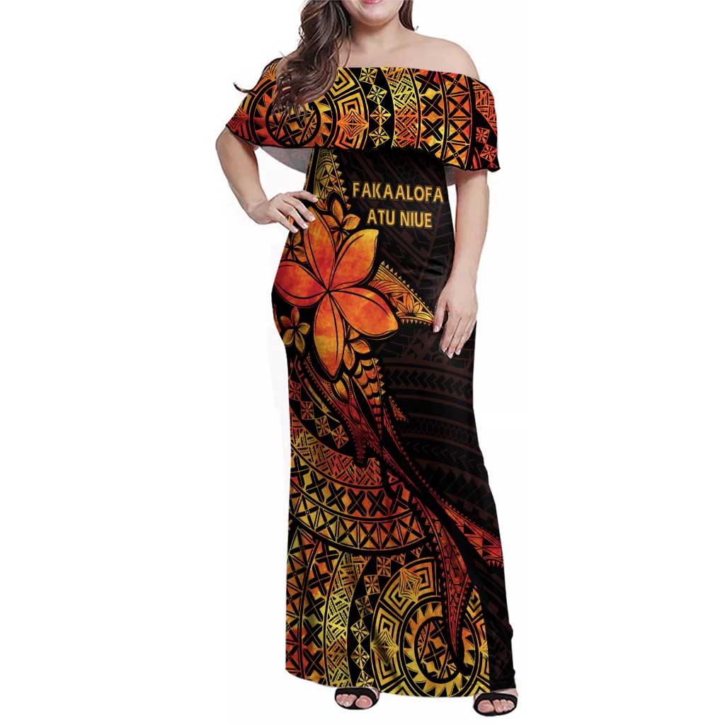 Niue Fakaalofa Atu Personalised Family Matching Off Shoulder Maxi Dress and Hawaiian Shirt Whale Hiapo Fiery Motif LT7 Mom's Dress Art - Polynesian Pride