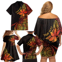 Niue Fakaalofa Atu Personalised Family Matching Off Shoulder Short Dress and Hawaiian Shirt Whale Hiapo Fiery Motif LT7 - Polynesian Pride