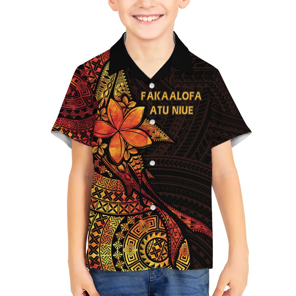 Niue Fakaalofa Atu Personalised Family Matching Off Shoulder Short Dress and Hawaiian Shirt Whale Hiapo Fiery Motif LT7 Son's Shirt Art - Polynesian Pride