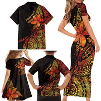 Niue Fakaalofa Atu Personalised Family Matching Short Sleeve Bodycon Dress and Hawaiian Shirt Whale Hiapo Fiery Motif LT7 - Polynesian Pride