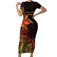 Niue Fakaalofa Atu Personalised Family Matching Short Sleeve Bodycon Dress and Hawaiian Shirt Whale Hiapo Fiery Motif LT7 Mom's Dress Art - Polynesian Pride