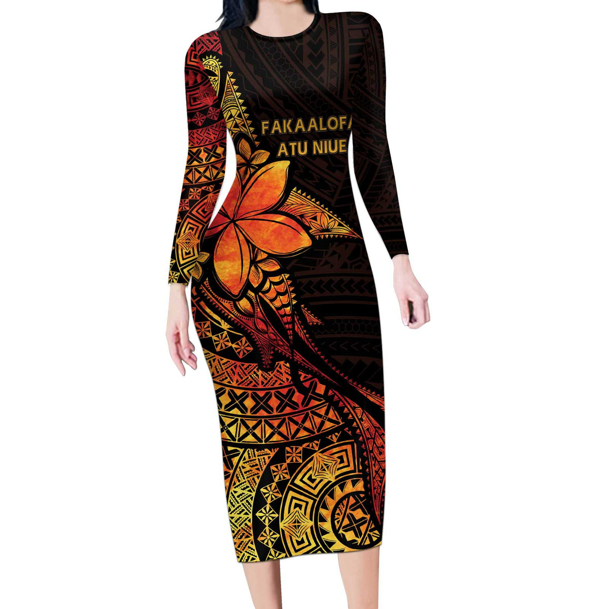 Niue Fakaalofa Atu Personalised Long Sleeve Bodycon Dress Whale Hiapo Fiery Motif LT7 Long Dress Art - Polynesian Pride