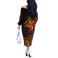 Niue Fakaalofa Atu Personalised Off The Shoulder Long Sleeve Dress Whale Hiapo Fiery Motif LT7 - Polynesian Pride