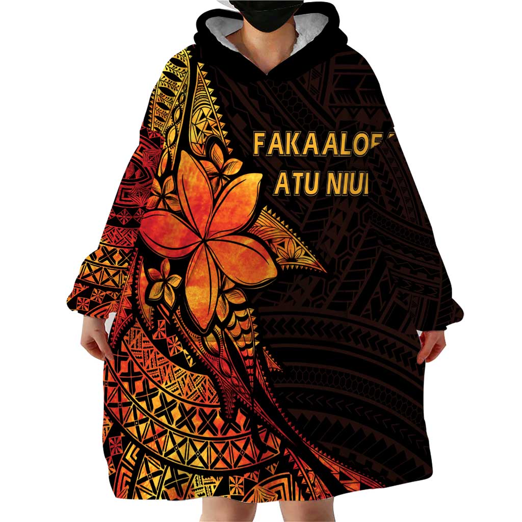 Niue Fakaalofa Atu Personalised Wearable Blanket Hoodie Whale Hiapo Fiery Motif LT7 - Polynesian Pride