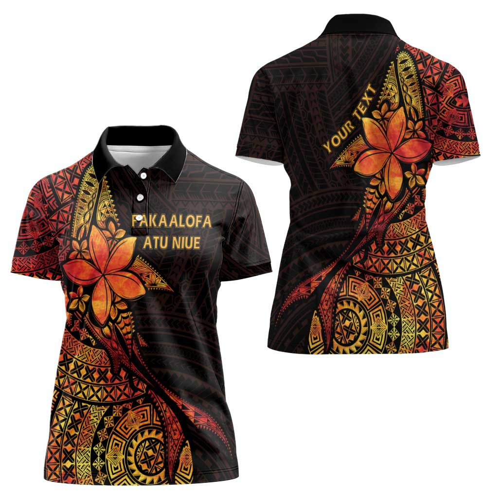 Niue Fakaalofa Atu Personalised Women Polo Shirt Whale Hiapo Fiery Motif LT7 - Polynesian Pride