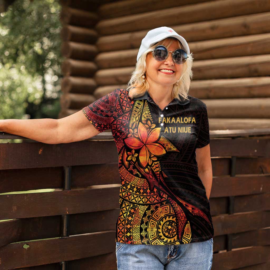 Niue Fakaalofa Atu Personalised Women Polo Shirt Whale Hiapo Fiery Motif LT7 - Polynesian Pride