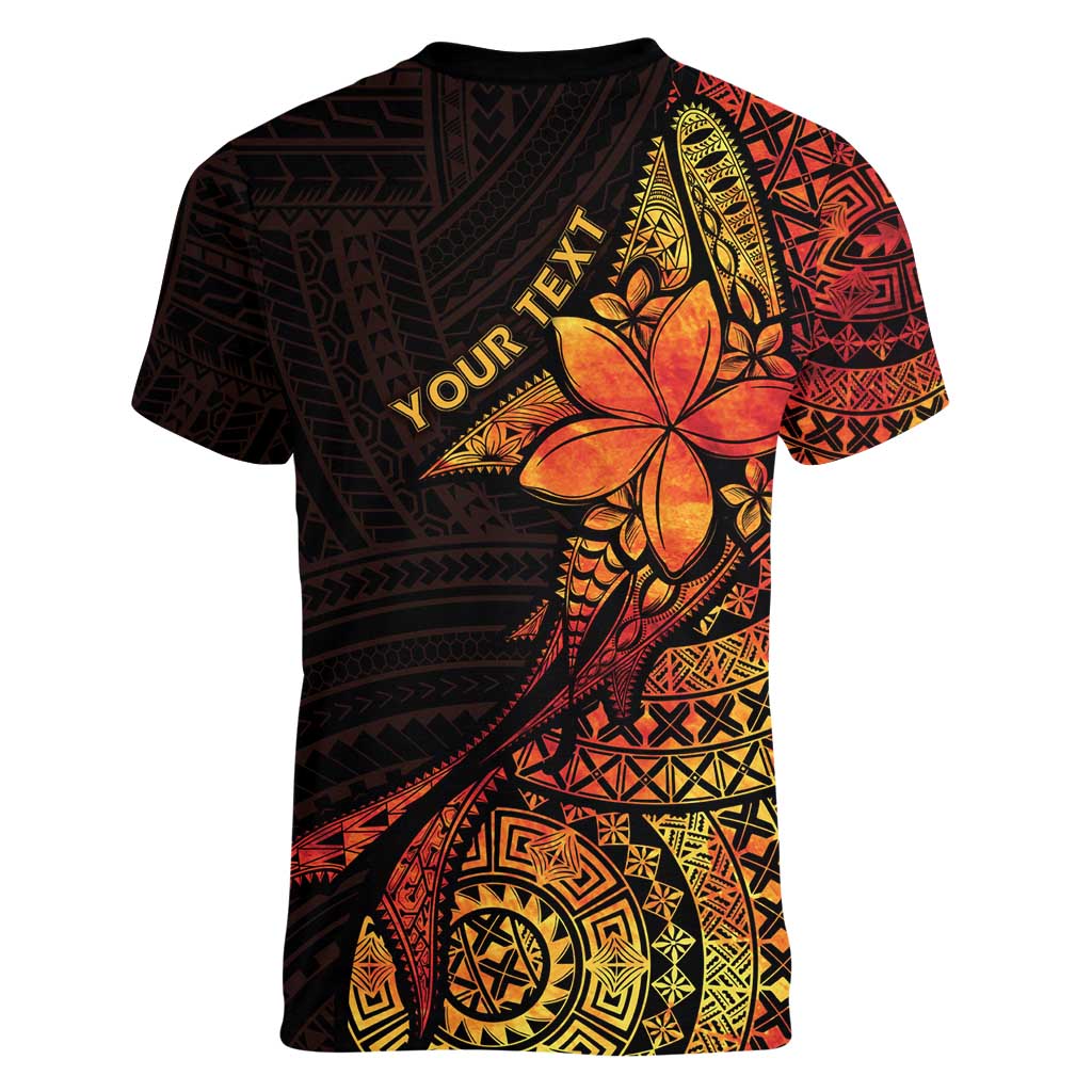 Niue Fakaalofa Atu Personalised Women V-Neck T-Shirt Whale Hiapo Fiery Motif LT7 - Polynesian Pride