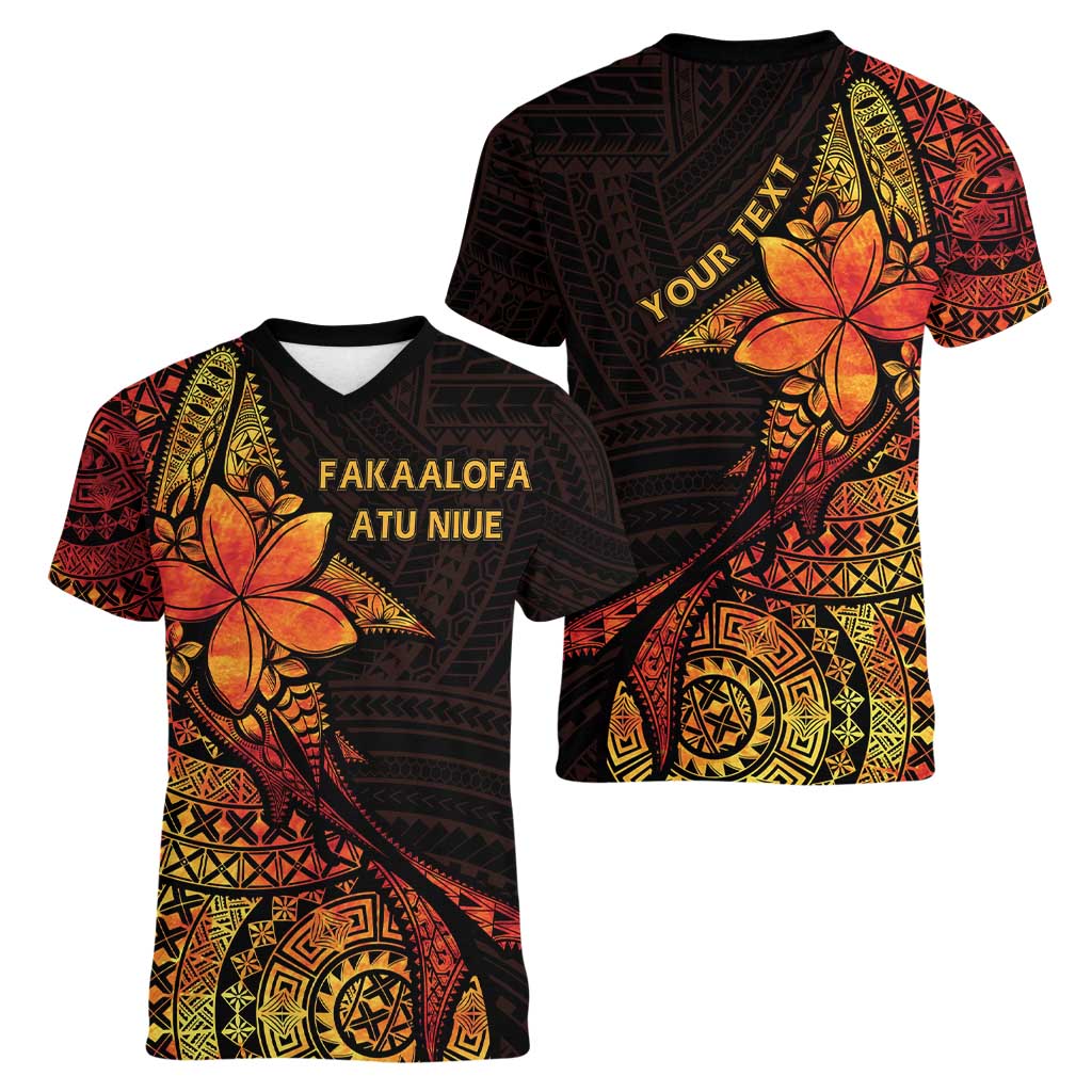 Niue Fakaalofa Atu Personalised Women V-Neck T-Shirt Whale Hiapo Fiery Motif LT7 - Polynesian Pride