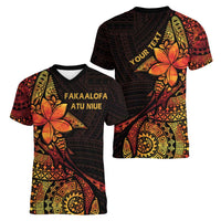 Niue Fakaalofa Atu Personalised Women V-Neck T-Shirt Whale Hiapo Fiery Motif LT7 - Polynesian Pride