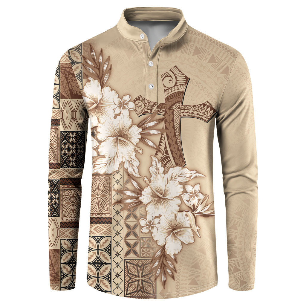 Samoa AIGA Mamanu Siapo Malu Motifs Button Sweatshirt LT7 Beige - Polynesian Pride