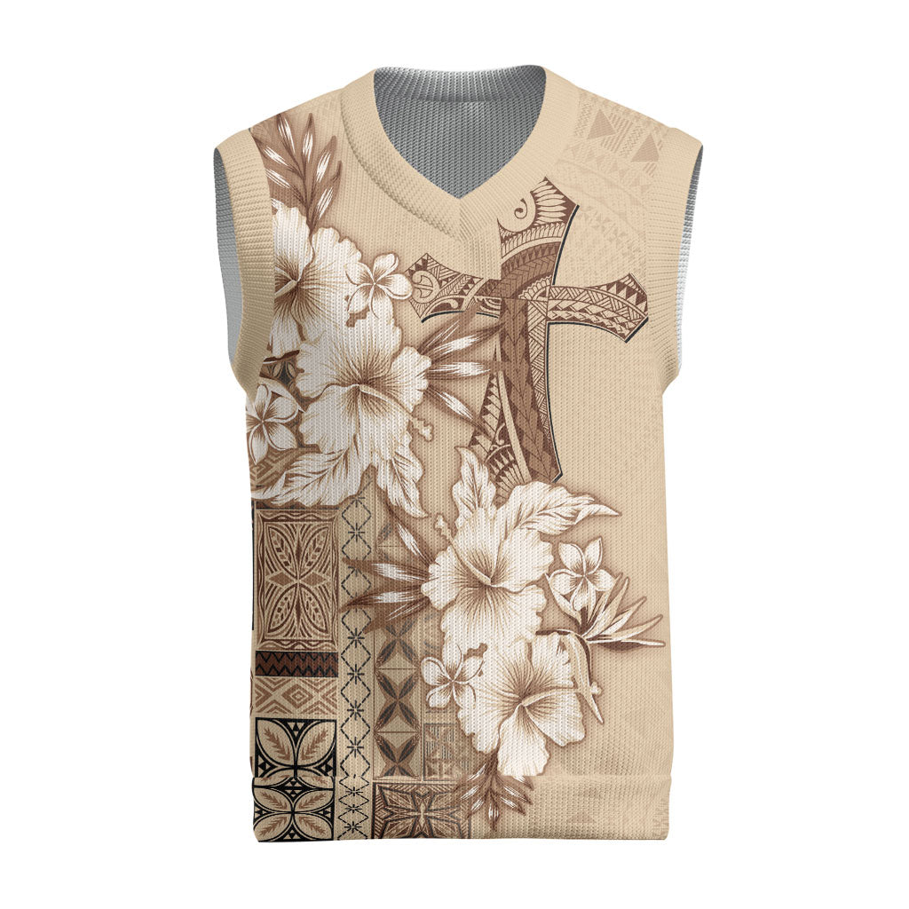 Samoa AIGA Mamanu Siapo Malu Motifs Christmas Knitted V-Neck Vest LT7 Beige - Polynesian Pride
