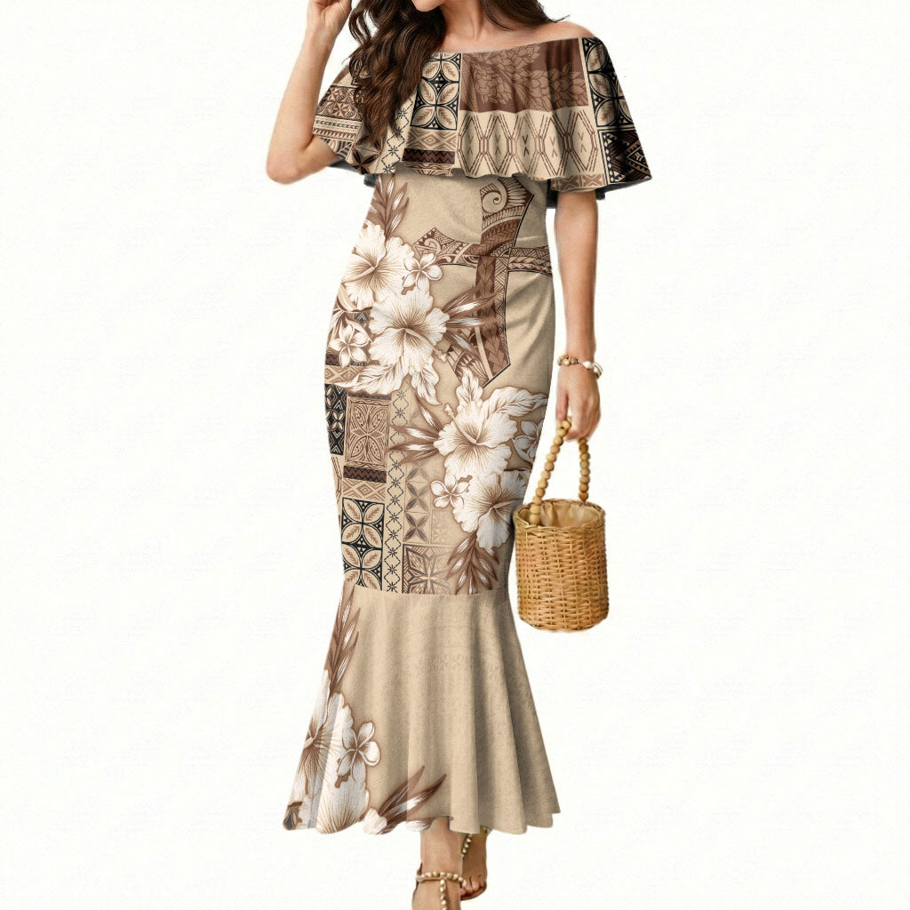 Samoa AIGA Mamanu Siapo Malu Motifs Mermaid Dress LT7 Women Beige - Polynesian Pride
