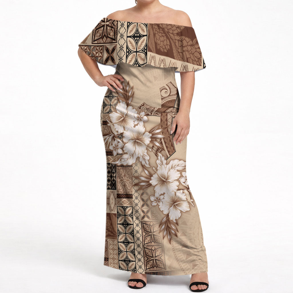 Samoa AIGA Mamanu Siapo Malu Motifs Off Shoulder Maxi Dress LT7 Women Beige - Polynesian Pride
