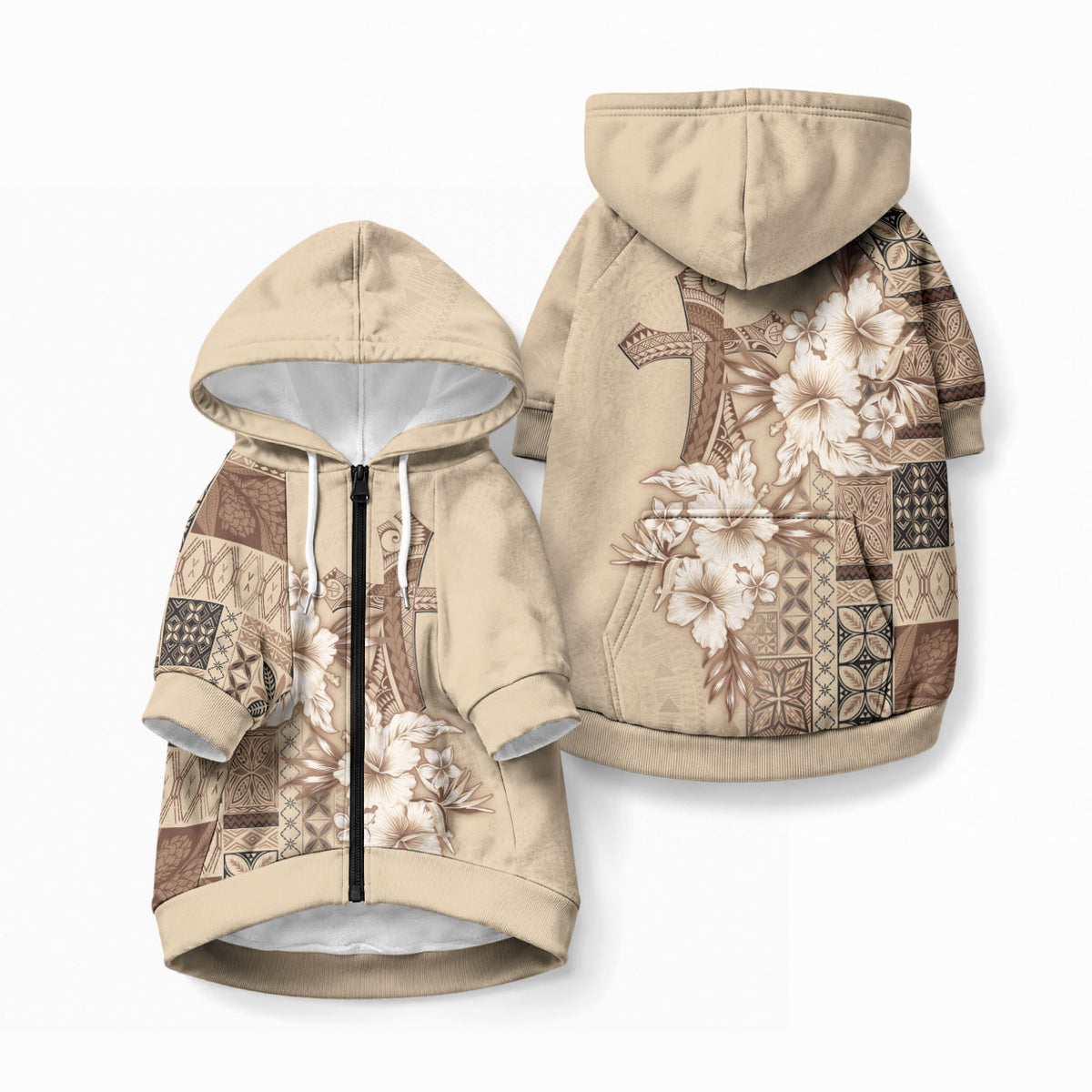 Samoa AIGA Mamanu Siapo Malu Motifs Pet Hoodie LT7 Zip-up Beige - Polynesian Pride