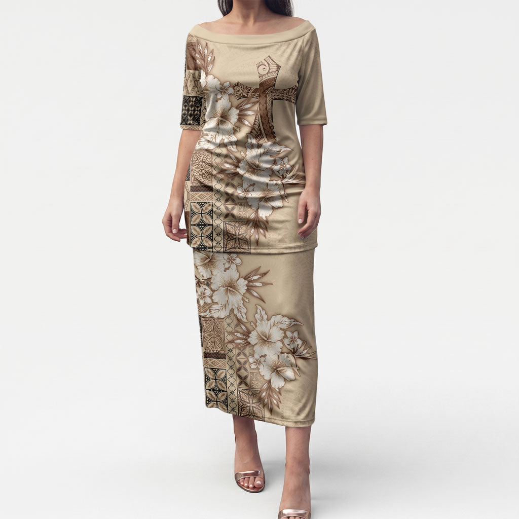 Samoa AIGA Mamanu Siapo Malu Motifs Puletasi LT7 Long Dress Beige - Polynesian Pride