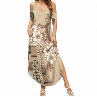 Samoa AIGA Mamanu Siapo Malu Motifs Summer Maxi Dress LT7 Women Beige - Polynesian Pride