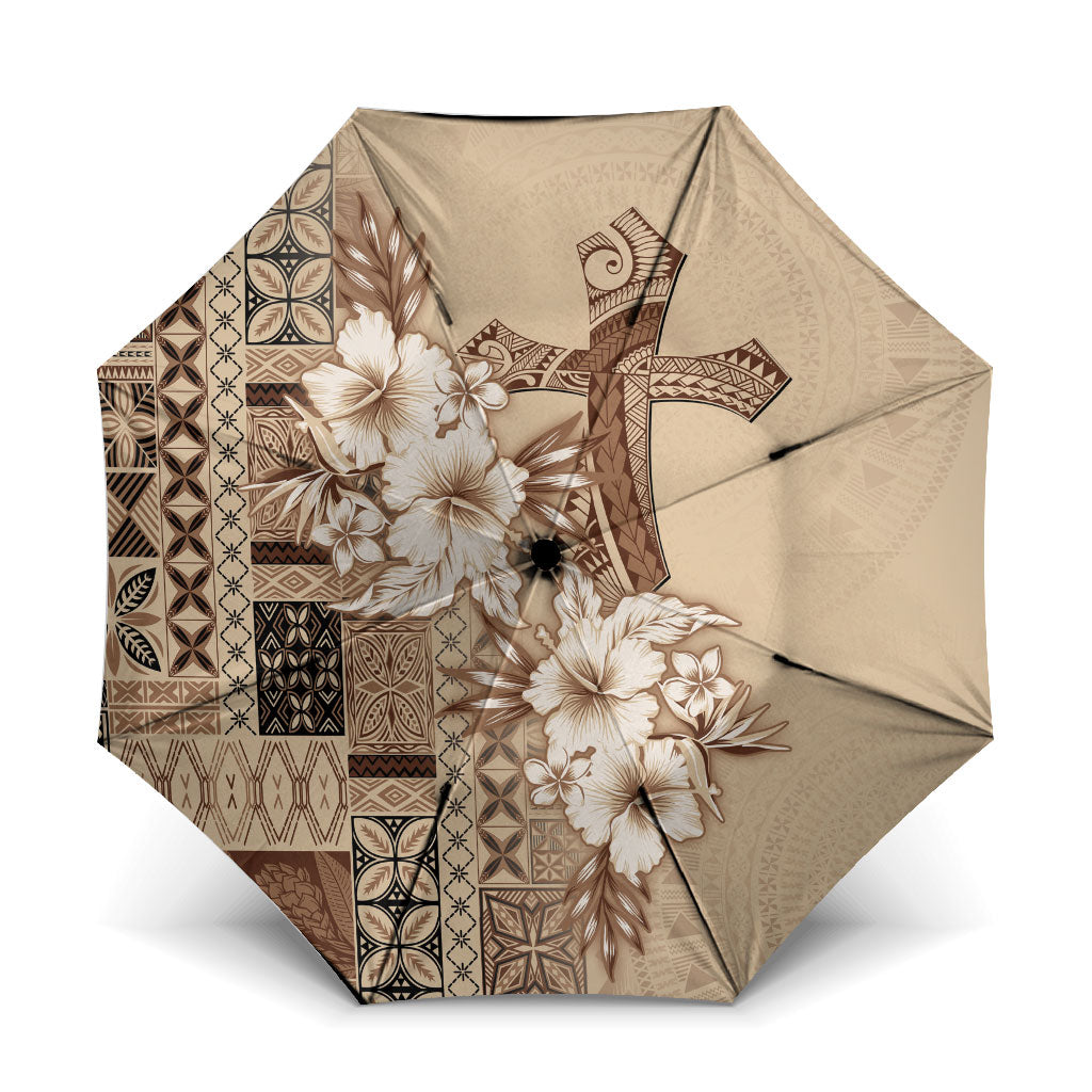 Samoa AIGA Mamanu Siapo Malu Motifs Umbrella LT7 One Size Folded 11.42 inch Opened Diameter 37.4 inch Beige - Polynesian Pride