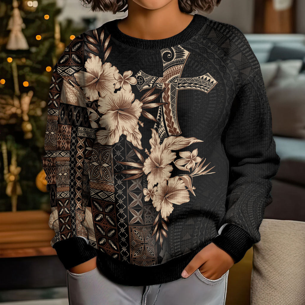 Samoa AIGA Mamanu Siapo Malu Motifs Kid Ugly Christmas Sweater Black Ver LT7 - Polynesian Pride