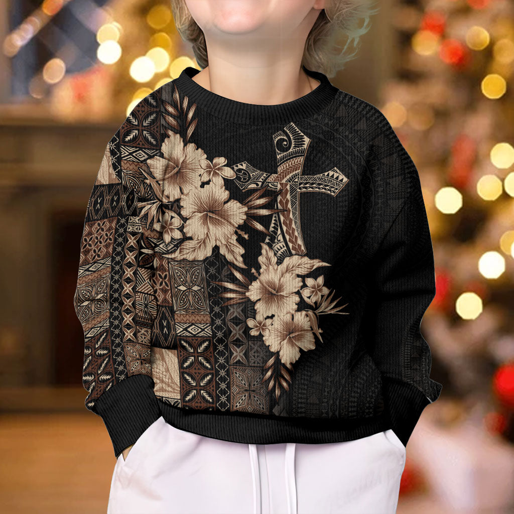 Samoa AIGA Mamanu Siapo Malu Motifs Kid Ugly Christmas Sweater Black Ver LT7 - Polynesian Pride