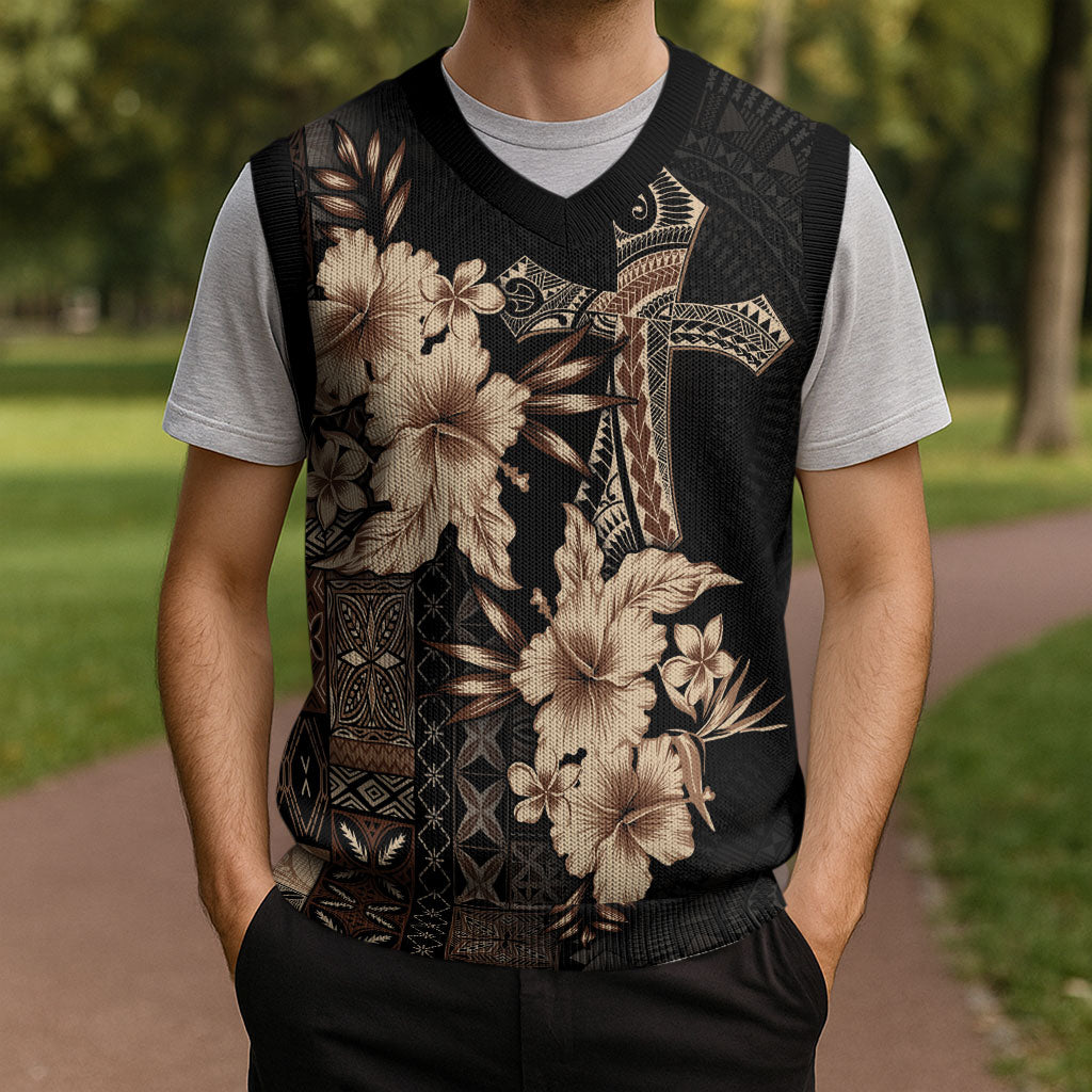 Samoa AIGA Mamanu Siapo Malu Motifs Christmas Knitted V-Neck Vest Black Ver LT7 - Polynesian Pride