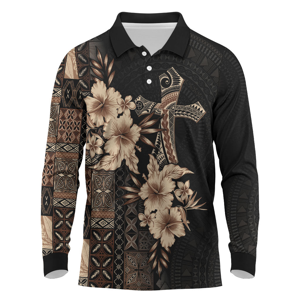 Samoa AIGA Mamanu Siapo Malu Motifs Long Sleeve Polo Shirt Black Ver LT7 Black - Polynesian Pride