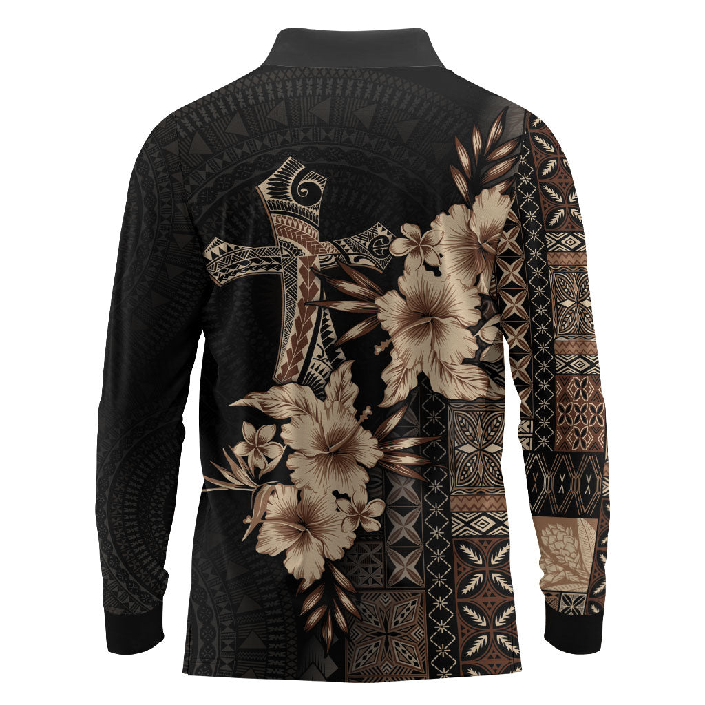 Samoa AIGA Mamanu Siapo Malu Motifs Long Sleeve Polo Shirt Black Ver LT7 - Polynesian Pride