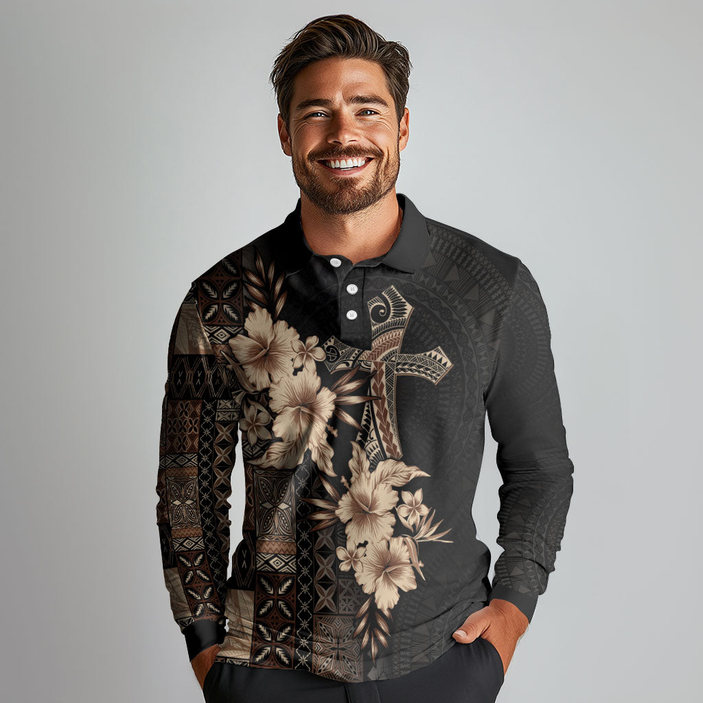 Samoa AIGA Mamanu Siapo Malu Motifs Long Sleeve Polo Shirt Black Ver LT7 - Polynesian Pride