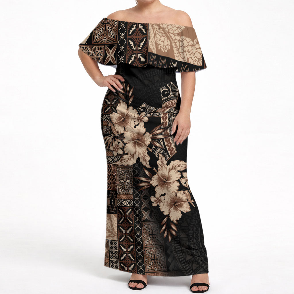 Samoa AIGA Mamanu Siapo Malu Motifs Off Shoulder Maxi Dress Black Ver LT7 Women Black - Polynesian Pride