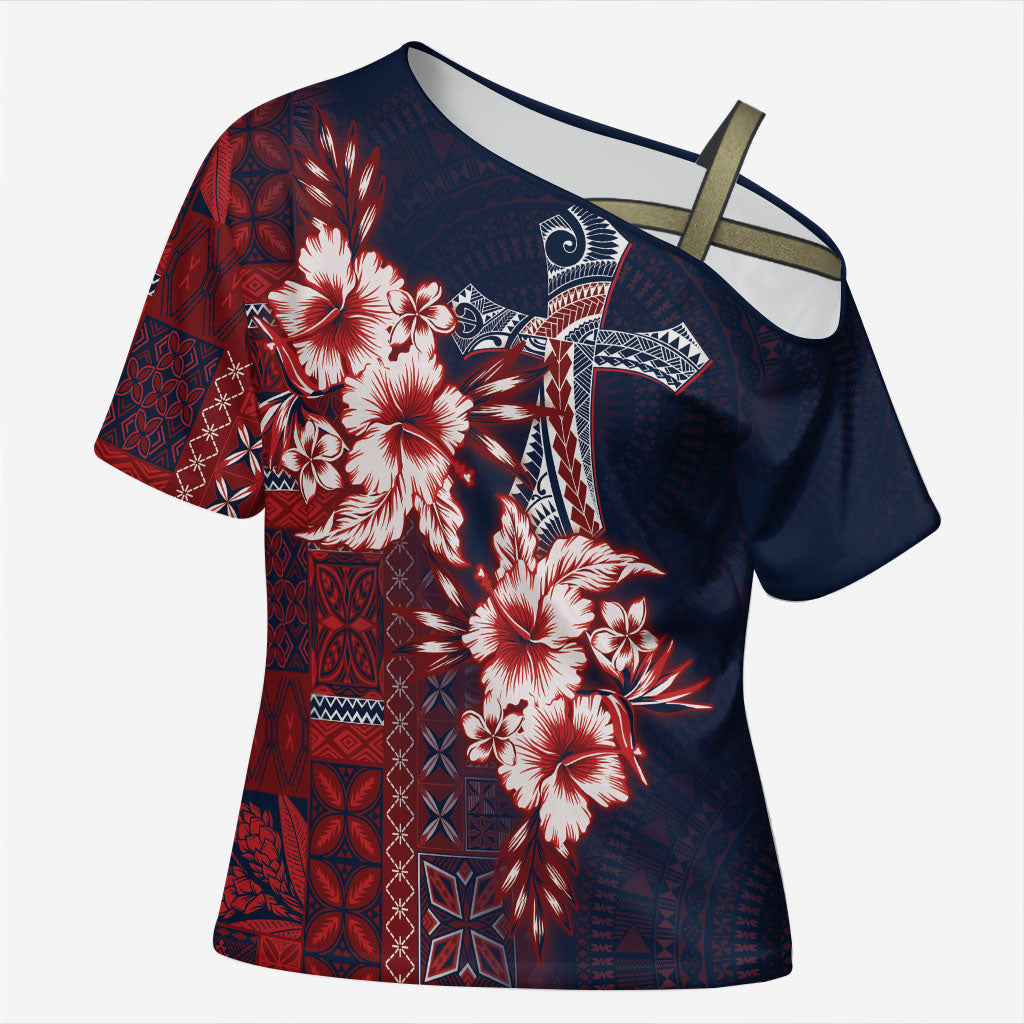 Samoa AIGA Mamanu Siapo Malu Motifs Cross Shoulder Shirt Flag Color LT7 Female Navy Blue - Polynesian Pride