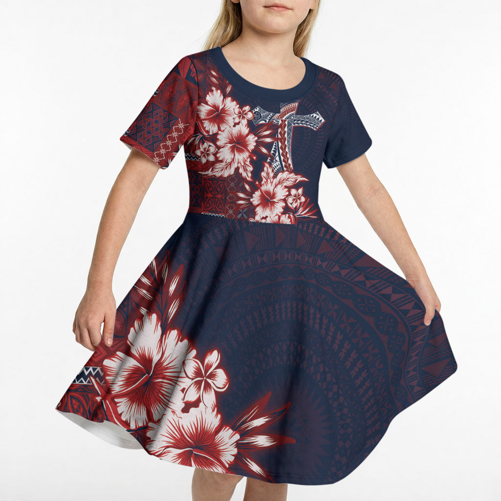 Samoa AIGA Mamanu Siapo Malu Motifs Kid Short Sleeve Dress Flag Color LT7 - Polynesian Pride