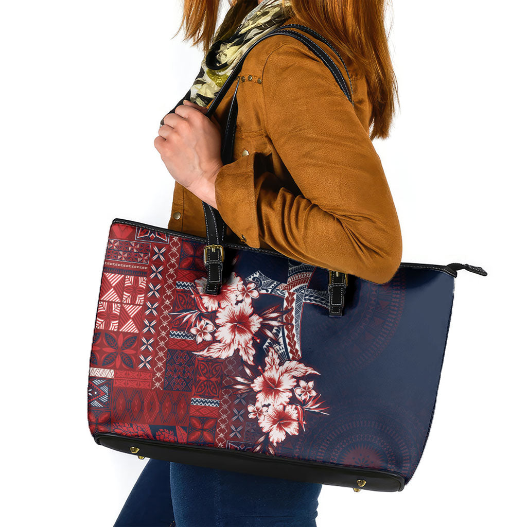 Samoa AIGA Mamanu Siapo Malu Motifs Leather Tote Bag Flag Color LT7 Navy Blue - Polynesian Pride